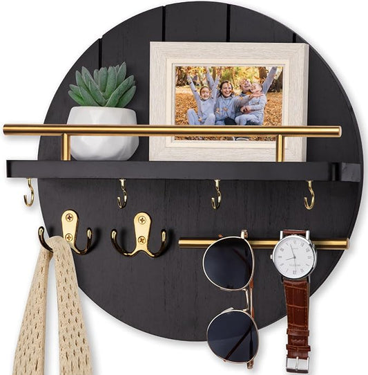 Nekon Wall Mount Key Holder, 11.8 Inch Rack With Shelf and 6 Hooks, Rustic Mail Organizer, Circular Wooden Hanger for Entryway Hallway Kitchen (Black&Gold)