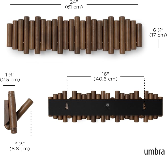 Umbra Picket Coat Rack, Wall Mount 8 Flip-Down Coat Hooks, Walnut | Beveled pine wood dowels, supports up to 5 lbs, mounting hardware included, space saving