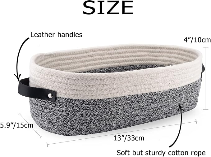 Small Cotton Rope Woven Basket Toilet Paper Baskets for Organizing Decorative Basket for Boho Decor Small Storage Basket 13"x5.9"x4" Variegated Gray&White