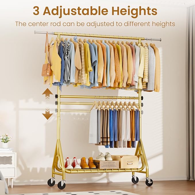 Heavy Duty Clothes Rack for Hanging Clothes, Double Rods Clothing Rack with Lockable Wheels, Rolling Garment Racks with Shelf, Easy to Assemble, Gold