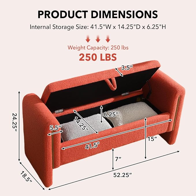 52" Flip-Top Storage Ottoman Bench, Teddy Entryway Bench (Orange) | Teddy Fleece Upholstered End of Bed Bench with Armrests, Soft Padded Window Bench for Living Room Bedroom Entryway