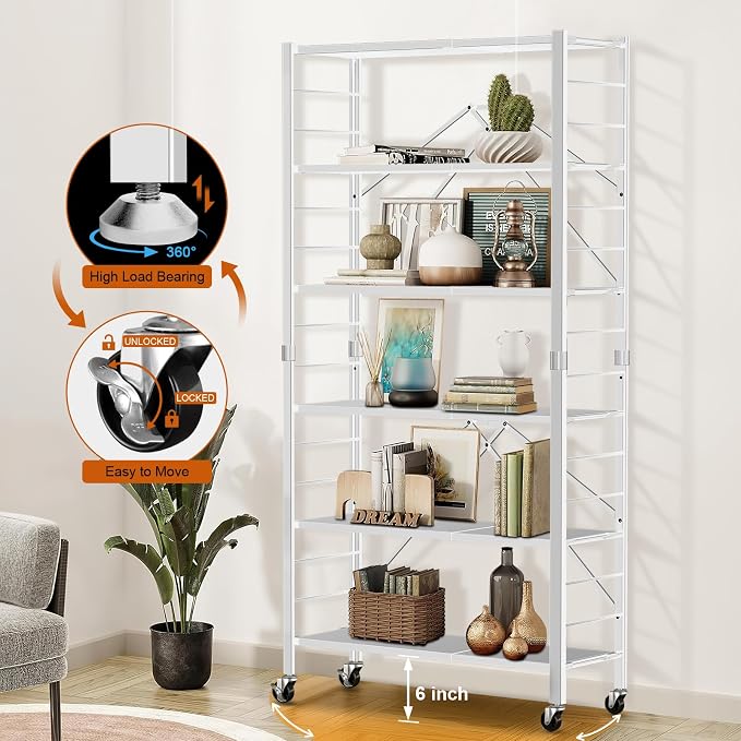 Himix 6-Tier Foldable Storage Shelves Expandable Shelf Wheels White 2-in-1