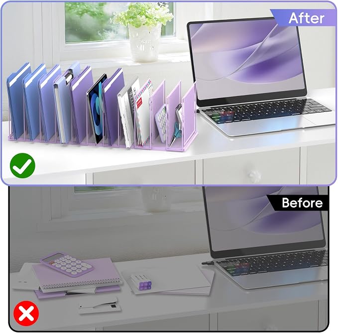 File Organizer for Desk, 11-Section Vertical File Sorter, Paper Holder Organizer Standing Metal File Folder for Office Home Classroom, Purple