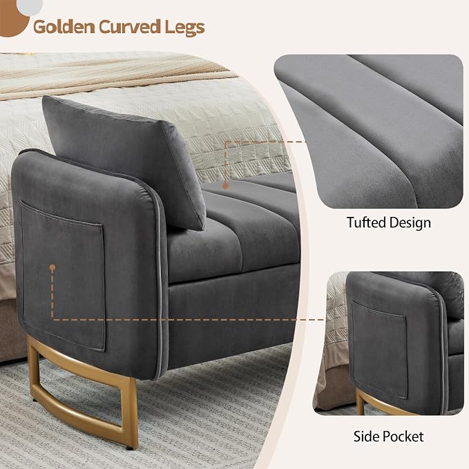 66" King Size End of Bed Storage Bench, Storage Benches for Bedroom Foot of Bed, Upholstered Storage Ottoman Bench with Golden Legs and Pillow for Living Room Window Entryway, Velvet Dark Grey