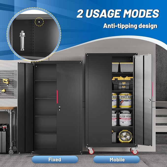 Metal Storage Cabinet with Wheels,71"Garage Cabinets with Lock Door | Heavy-Duty Garage Tool Cabinet with 4 Adjustable Shelves,Garage Cabinet and Storage System for Garage,Home Workshop & Office