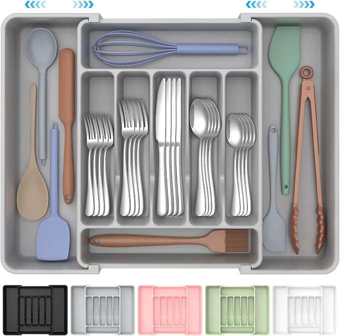 ukeetap Extra Large Expandable Silverware Organizer, BPA-Free Food-Safe Cutlery Flatware Organizer, Kitchen Utensil Drawer Organizer, Adjustable Silverware Holder for Spoons Forks Knives, Gray