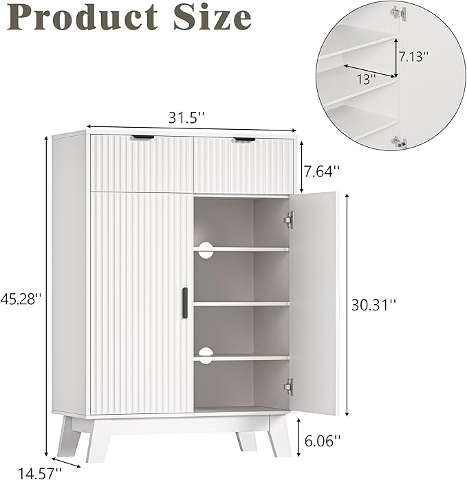 HUANLEGO Shoe Cabinet Storage for Entryway with Doors, White | 4 Tier Fluted Shoe Organizer with 2 Drawers, Shoe Storage with Adjustable Shelves, Freestanding Hidden Shoe Rack for Entryway