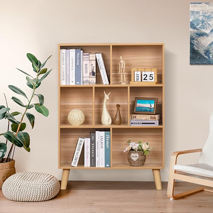 LEYAOYAO Cube Book Shelf, Mid-Century Modern Bookshelf with Legs, Natural | 3 Tier Bookcase, Rustic Wood Bookshelves Freestanding Small Storage Organizer, Open Shelves for Bedroom, Living Room, Office