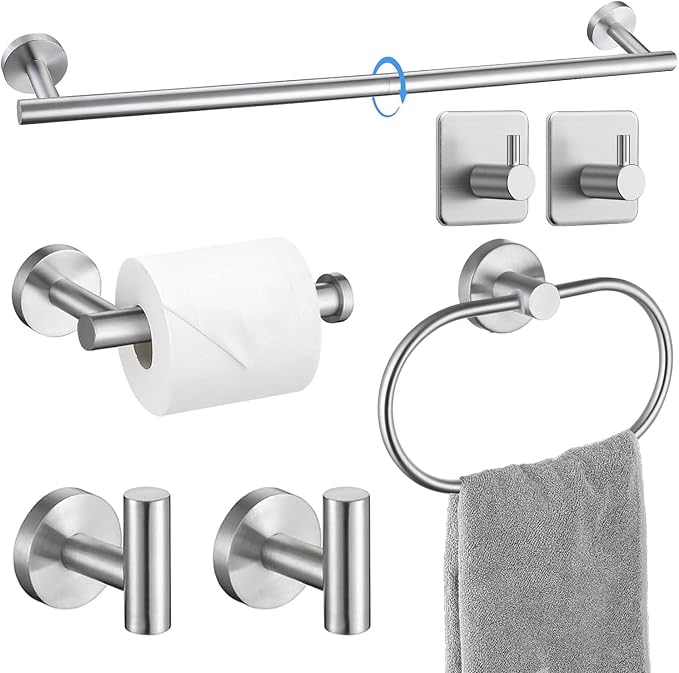 Silver Bathroom Accessories Set, 7 Pieces Silver Towel Bar Bathroom Hardware Set, 24 Inch Towel Racks for Bathroom, SUS304 Stainless Steel Bathroom Towel Holder Toilet Paper Holder Wall Mounted