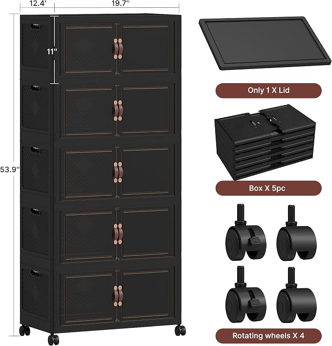 620QT Extra Large Stackable Storage Bins with Lids & Wheels | & Door,Total 155Gal for 5-Tier set Foldable Collapsible Closet Organizers, Plastic containers drawers for bedroom Dorm