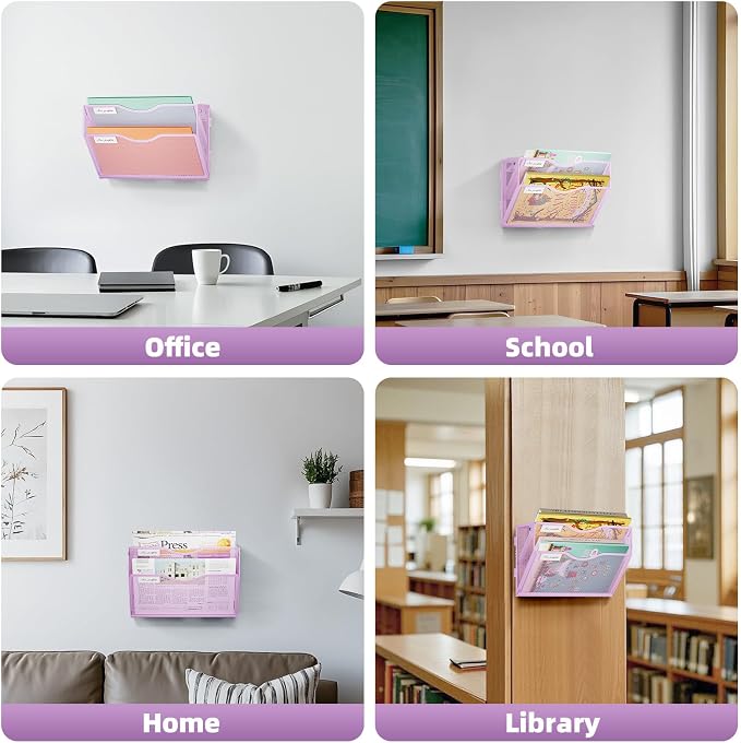 Marbrasse Wall File Holder 2-Tier Hanging Wall File Organizer, Mesh Mail Holder for Papers, Wall Mount File Clipboard & Magazine Organizer Great for Office Home - 2P(Purple)