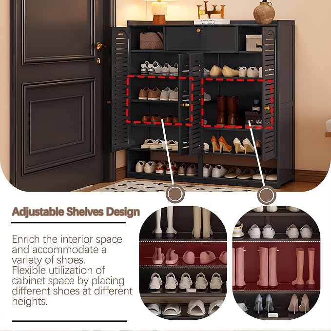 Shoe Cabinet with Louvered Doors, Freestanding Entryway Shoe Storage Cabinet with Drawer & Open Compartment, Modern Bamboo Shoe Rack Organizer with Thickened Adjustable Shelves for Closet