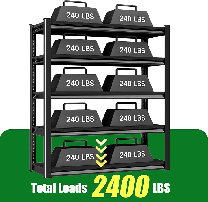 5-Tier Garage Shelving Heavy Duty,48”W x 18”D x 78”H Metal Shelving Unit，2400 lbs Weight Capacity Adjustable Storage Shelves for Retiple Tanks, Pantry, Garage，Black (Black, 5-Ter,48”W x 18”D x 78”H)