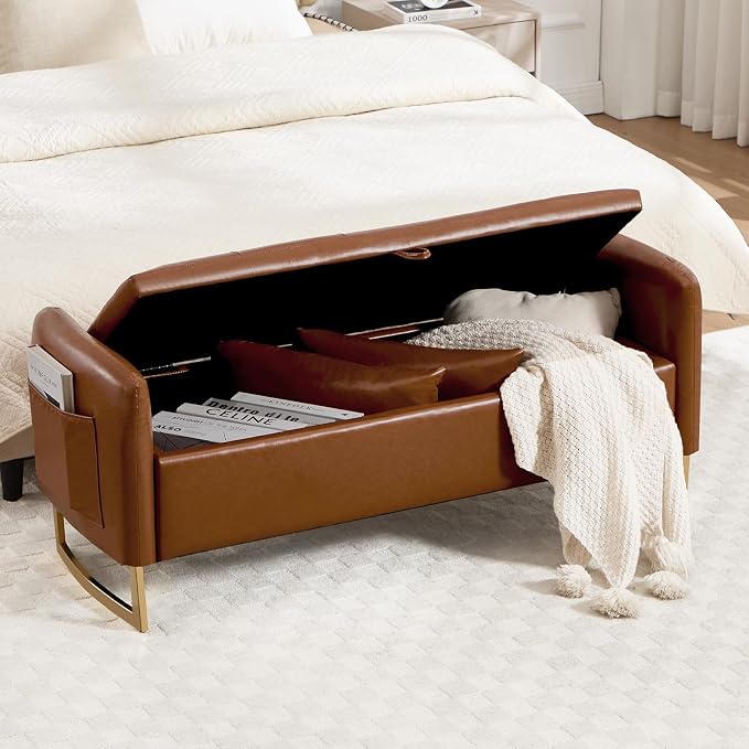 48" End of Bed Bench, Modern Storage Benches with Button-Tufted, Leather Upholstered Storage Ottoman Bench for Foot of Bed with Arms, Gold Legs Window and Entryway, Brown