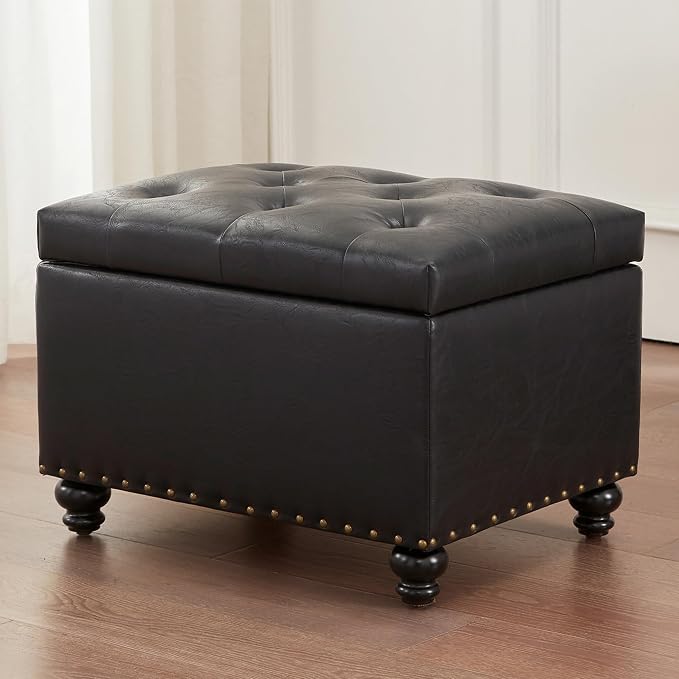 Zihanhome Leather Ottoman with Storage, Upholstered Button Tufted Ottoman Foot Rest, Foot Stools, 24" Rectangle Ottomans with Storage for Living Room, Bedroom, Dorms and Apartments (Black-PU)