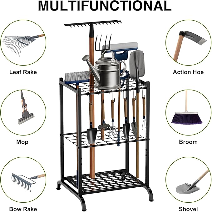 RANXFLOAT Garden Tool Organizer with Storage Hooks, Yard Tool Tower Rack for Garage Organization and Storage, Up to 35 Long-Handled Tools, Metal Tool Holder with 6 Hooks, Black