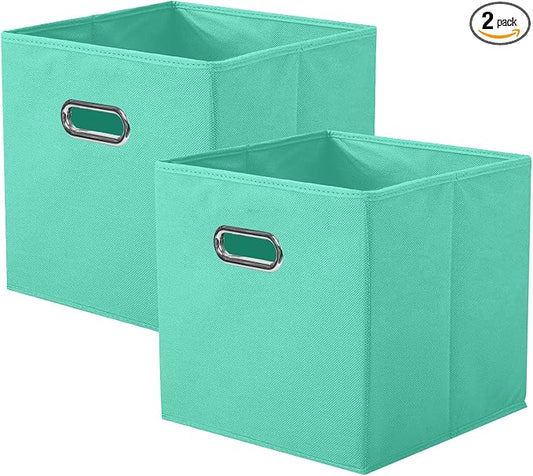 ShellKingdom Storage Bins, Foldable Fabric Storage Cubes with Metal Handle | Cloth Storage Organizer Drawer For Closet And Toys, 11 X 10.5 X 10.5 INCH, 2 Pack (Mint Green)