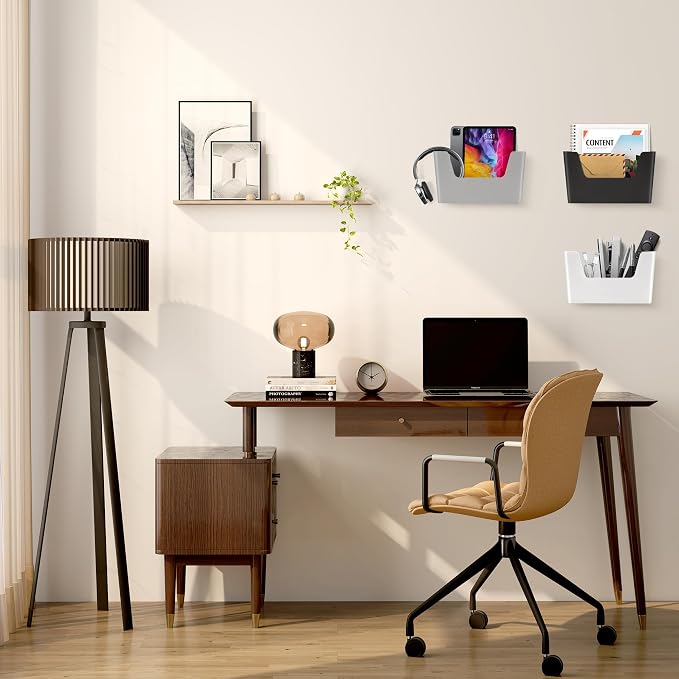 JOMOLA No Drilling File Holder 5 Pack Mail Organizer Wall Mount File Organizer Holder Office Wall Hanging Files Magazines Organizer Plastic Door Mount Wall Pocket with Adhesive Pad, Grey Color