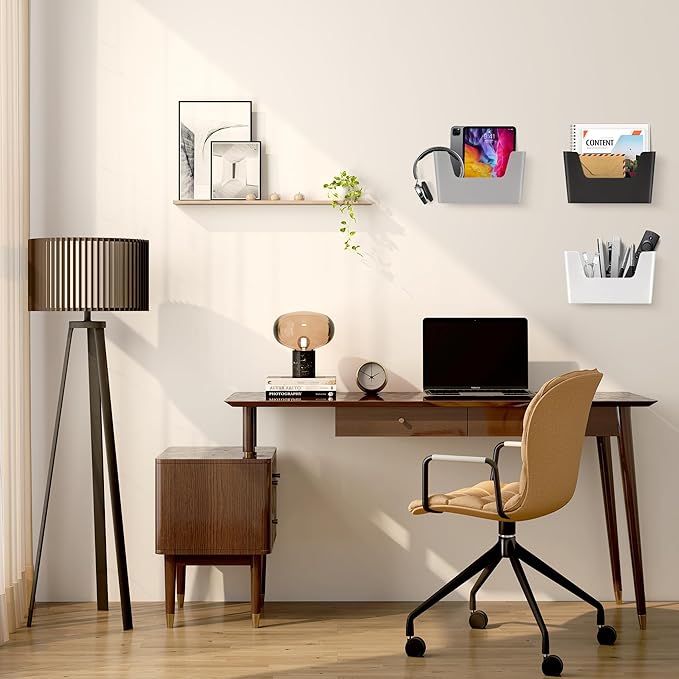 JOMOLA No Drilling File Holder 5 Pack Mail Organizer Wall Mount File Organizer Holder Office Wall Hanging Files Magazines Organizer Plastic Door Mount Wall Pocket with Adhesive Pad, Black Color
