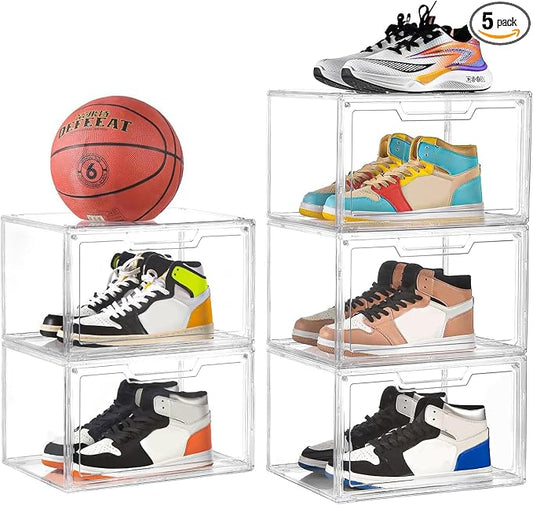 Clemate 5 Pack Clear Stackable Shoe Organizer Box with Lids, Acrylic Shoes Box with Magnetic Doors, Transparent Shoe Bins Closet Organizer, Fit up to US Size16, Containers for household or kitchen use