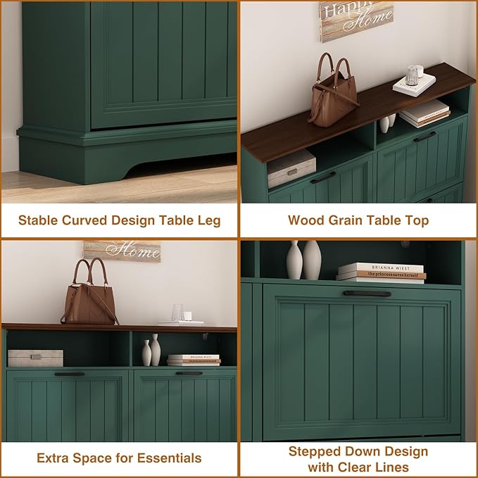 Hidden Shoe Storage Cabinet with 4 Flip Drawers & Open Storage | Farmhouse Modern Shoes Rack Cabinet,Adjustable Shelves ,Narrow Slim Shoe Organizer for Front Door Entrance, Entryway, Green