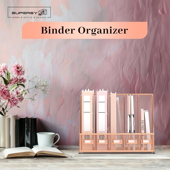 SUPEASY Desk Organizers Metal Desk Magazine File Holder with 5 Vertical Compartments Rack File Organizer for Office Desktop, Home Workspace, Rose Gold, Plus