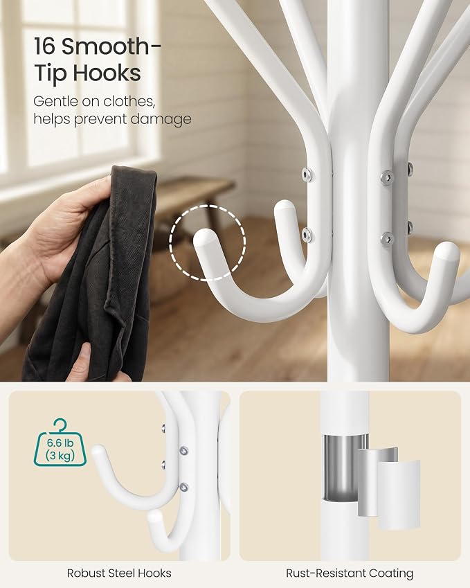 SONGMICS Coat Rack Freestanding with 16 Hooks, Metal Coat Tree Stand with 4 Adjustable Feet, Clothes Hanger Stand for Entryway Bedroom Living Room Hallway Office, Cloud White URCR083WC01S