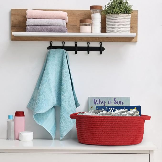 MEGASKET Red Woven Basket, 13" x 9" x 5" Baskets for Gifts Empty, Cute Cotton Rope Cat Dog Toy Bin Box, Small Woven Bin for Organizing, Red Room Decor, Nursery Cloth Diaper Storage Organizer