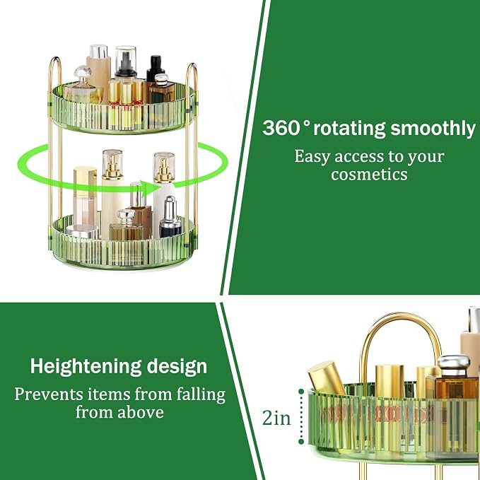 MOKANI 360 Rotating Makeup Organizer for Vanity, 2 Tier Perfume Organizer | Adjustable Multi-Function Spinning Cosmetics Skincare Storage for Bedroom, Dresser, Countertop, Green