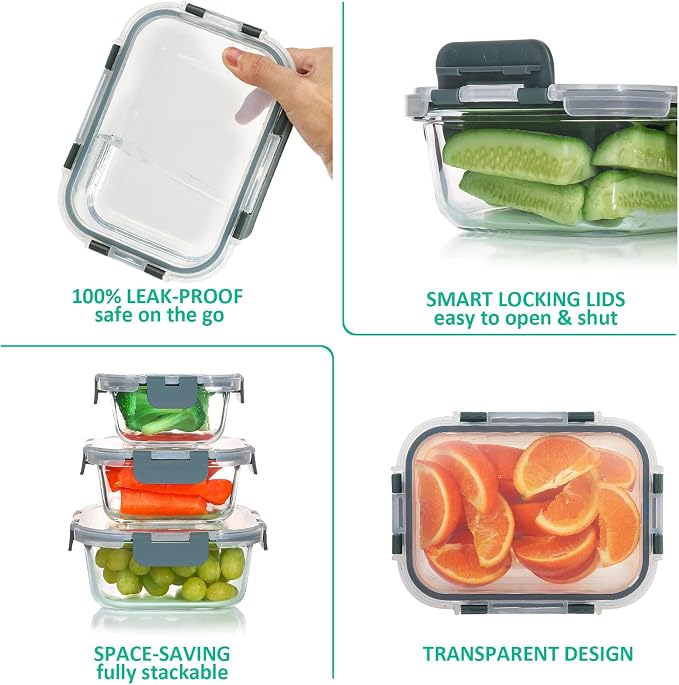 24 Pieces Glass Food Storage Containers Set, Gray | Meal Prep Containers, BPA-Free, Airtight Glass Storage Containers with Lids,Freezer, Microwave and Oven Safe