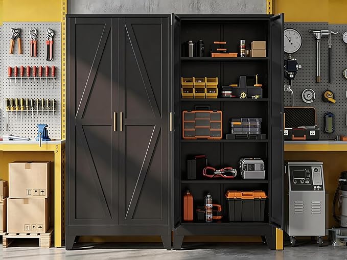 71" H Black Metal Storage Cabinets,Garage Storage Cabinet,Tall Pantry Cabinet with Doors,Kitchen Food Storage Cabinet,Farmhouse Storage Cabinets for Kitchen, Dining Room