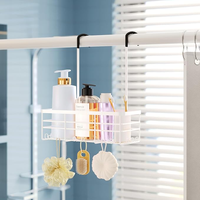 HapiRm Hanging Shower Caddy Organizer - No Drilling Shower Organizer with Hooks, Rustproof & Waterproof 304 Stainless Steel Bathroom Shelves - White (1 Basket)