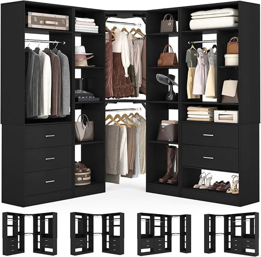 Besiost Corner Closet System with 5 Drawers, Closet Organizer System with 15+Shelvess & 4 Hanging Rods, 63.2"L * 63.2"W / 87.2"L * 39.2"W Reversible L Shaped Walk-in Closets, Load 2500+LBS, Black