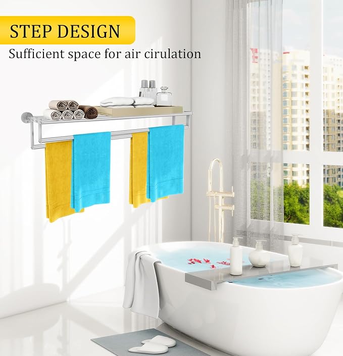 Double Towel Racks for Bathroom, Towel Rack with Shelf, Towel Shelf with Double Towel Bar Brushed Nickel, Wall Mount Towel Holder Stainless Steel, 32 Inch Towel Bar with Shelf