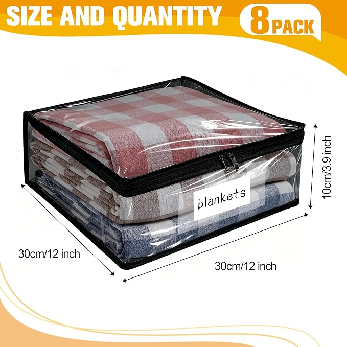 Kikerike Plastic Storage Bags with Easy-Glide Zipper, Pack of 8, Durable Clear Vinyl Zippered Storage Bags for Clothes Sweaters Comforters Blankets Sheets Bedding (12 x 12 x 3.9 Inch, Black)