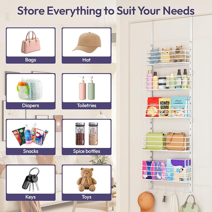 SWTYMIKI Over The Door Organizer - Door Organizer Hanging with 5 Adjustable Metal Large Capacity Basket and 6 Coat Hook, Wall Mounted Shelf for Bedroom Closet Bathroom Laundry Pantry Cabinet Kitchen