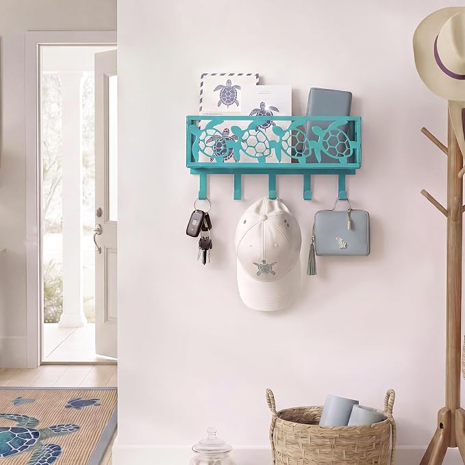 Hicarer Turquoise Sea Turtle Key Holder Wall Mount with Basket Hooks Decorative Sea Turtle Hooks Hanger Coastal Key and Mail Organizer Ocean Beach Decor for Entryway Home Apartment Dormitory