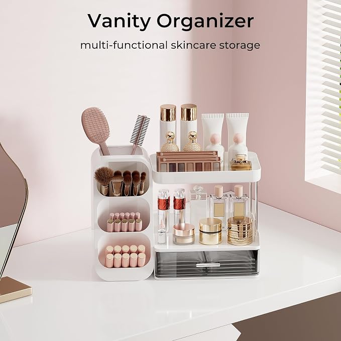 UFORU Makeup Organizer Countertop with Brush Holder for Vanity Bathroom | 3 Tiers Design, Large Capacity, Thickened Plastic, Detachable Brush Holder, Clear Drawer, Quick Access, Space-Saving