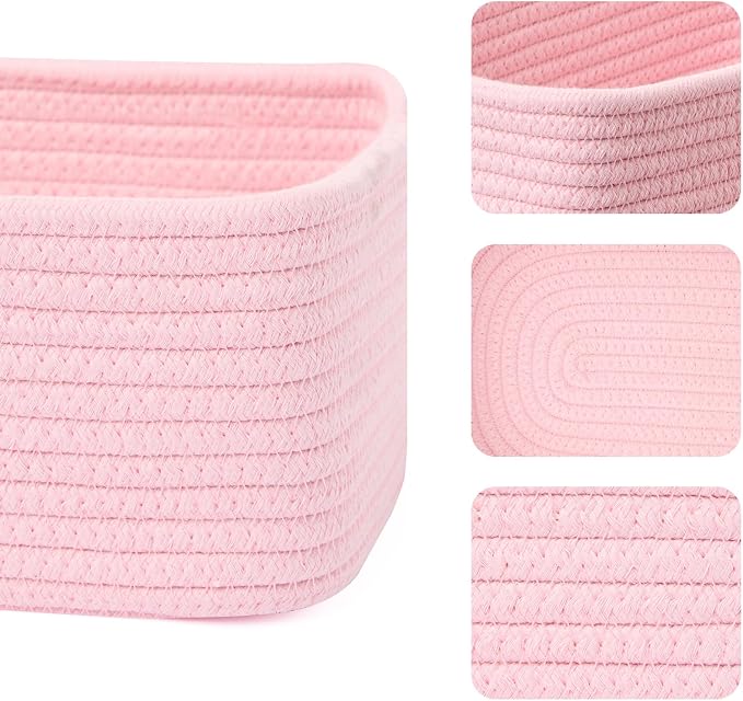 MiniArk Small Storage Baskets for Organizing | Closet Organizer Bins | Shelf Toy Basket | Woven Rope Baskets | Cube Decorative Box | Shallow Basket | 11.5x7.5x4.7” | 3 Packs Light Pink