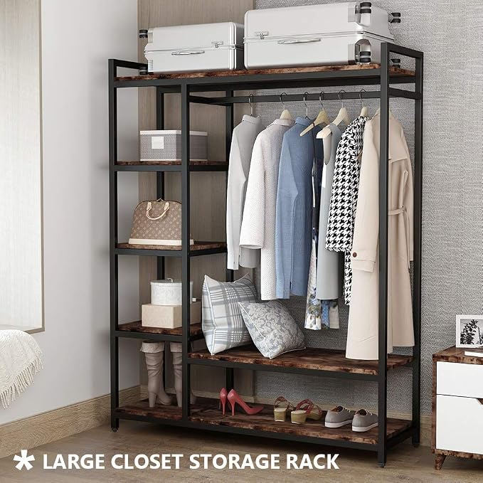 LITTLE TREE Free Standing Wood Closet Clothes Rack,Heavy Duty Grament Rack with Shelves,Hanging Racks for Clothes Clothing Rack for Bedrom,Wardrobe Closet Organizer,350 lb Capacity,Rustic