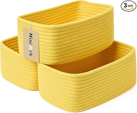 MiniArk Small Storage Baskets for Organizing | Closet Organizer Bins | Shelf Toy Basket | Woven Rope Baskets | Cube Decorative Box | Shallow Basket | 11.5x7.5x4.7” | 3 Packs Yellow