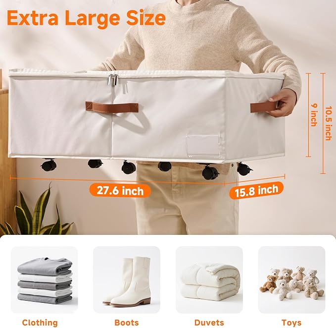 60L Large Under Bed Storage with Wheels Pack of 2, Underbed Shoe Container Bin with Clear Lid Cover, 10.5 Inches Rolling Under Bed Drawer Storage Bag Basket for Boots Quilt Sweater - White
