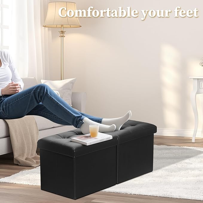 Bsketa Storage Ottoman Bench, 34" Folding Leather Foot Rest Stool, Black | Large Ottoman with Storage, Thicker Foam Padded Seat, Livingroom, Dorm, Bedroom, Easy to install, 86L,34 x 13 x 13in