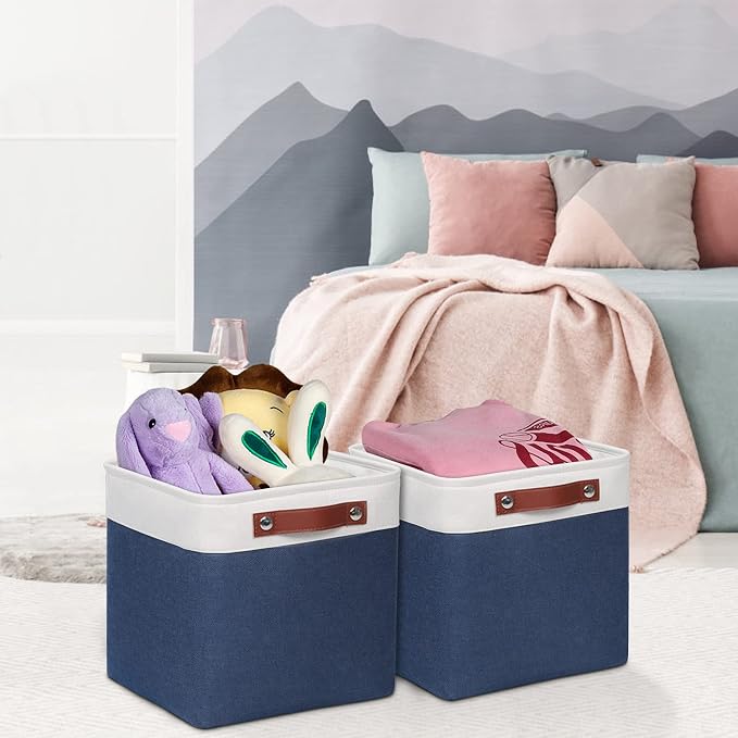 Univivi Fabric Cube Bins Set of 4 Storage Baskets with PU Handles for Home Closet Foldable Storage Bins (Blue, 10.5" x 10.5" x 11") | Hard Cardboard Bottom,Metal Frame,Foldable,PU Handles,Linen Closet Baskets for Shelves