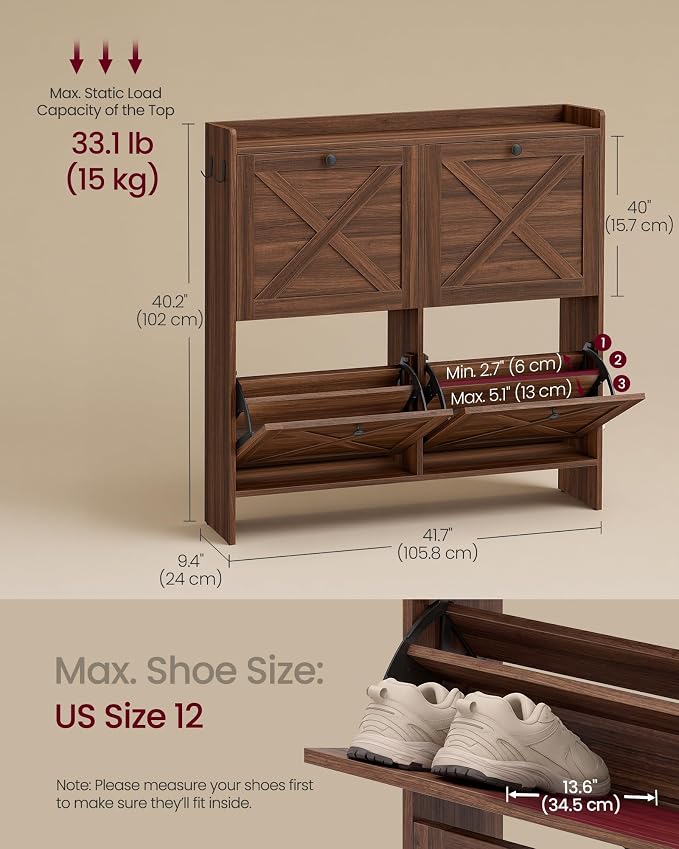 VASAGLE Shoe Storage Cabinet Organizer with 4 Flip Drawers, Freestanding Narrow Shoe Rack Cabinet for Entryway, Farmhouse Style, Fits 14 to 16 Pairs, Chestnut Brown UHSC403KX01
