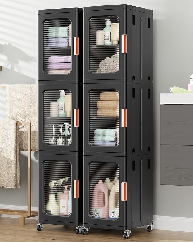 BROVIEW 6-Tier Tall Narrow Storage Cabinet Organizer, Slim Bathroom Cabinets with Adjustable Shelves and Doors, Plastic Kitchen Pantry Organizers and Storages for Small Space, Laundry, Black