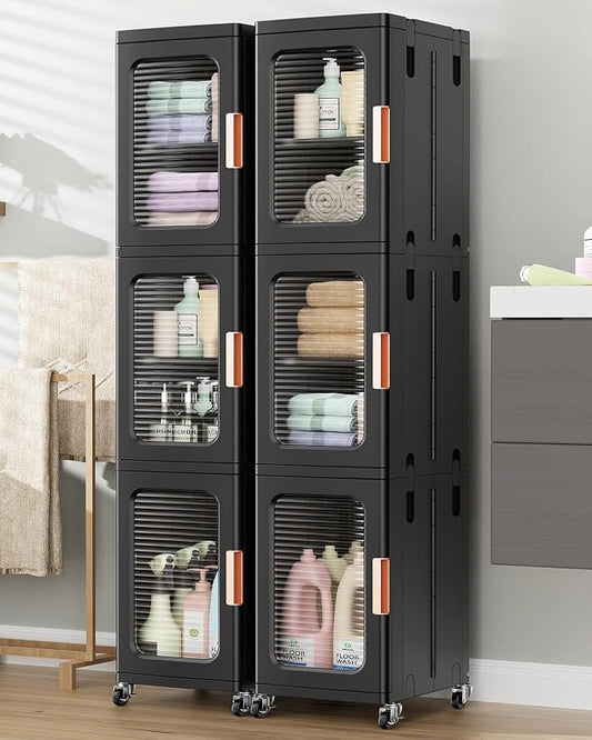BROVIEW 6-Tier Tall Narrow Storage Cabinet Organizer, Slim Bathroom Cabinets with Adjustable Shelves and Doors, Plastic Kitchen Pantry Organizers and Storages for Small Space, Laundry, Black