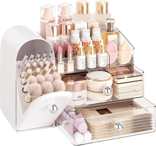 Delamu Makeup Organizer for Vanity with Closed Brush Holder, Large Bathroom Counter Organizer with Drawers, Skincare Organizers for Countertop, Storage Perfume Cosmetic Beauty, Girl Gifts (White)