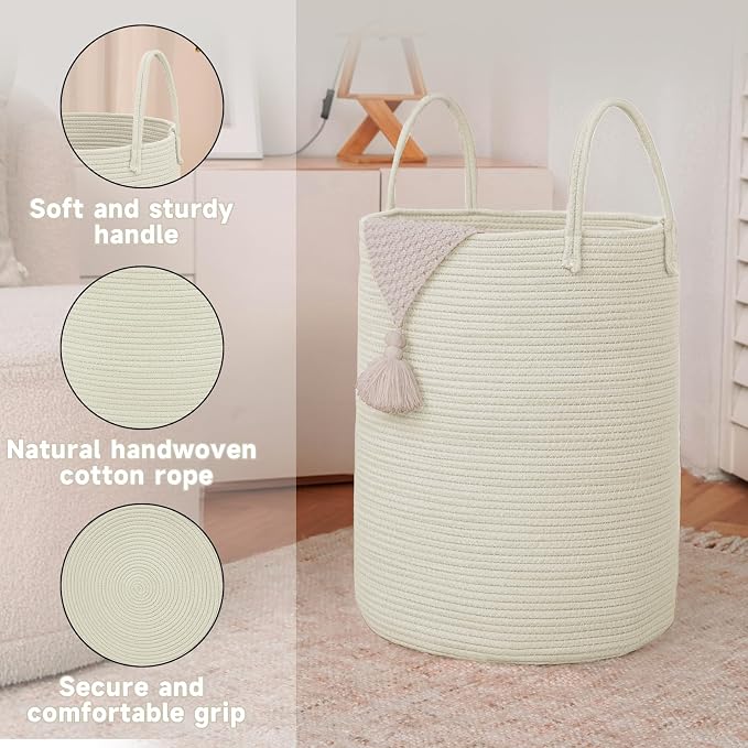 JMvicyroam 60L Cotton Rope Laundry Basket Hamper, White | Collapsible laundry basket, reinforced handles, freestanding, machine washable, holds 3-5 thick blankets, clothes or toys