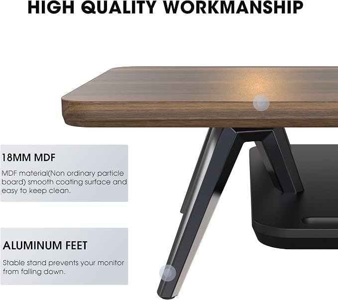 Fenge Dual Monitor Stand Riser, Wooden Desk Shelf with 2-Tier Storage | 47.2-Inch Extra Wide, Sturdy Aluminum Legs, Built-In Phone & Tablet Slot, Desktop Organizer for Office Accessories